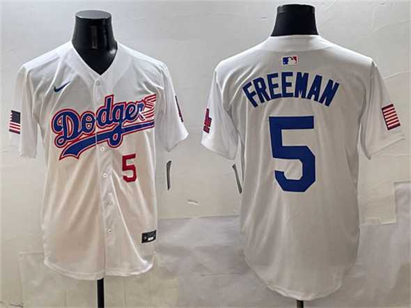 Men%27s Los Angeles Dodgers #5 Freddie Freeman White With American Flag Patch Limited Stitched Jersey